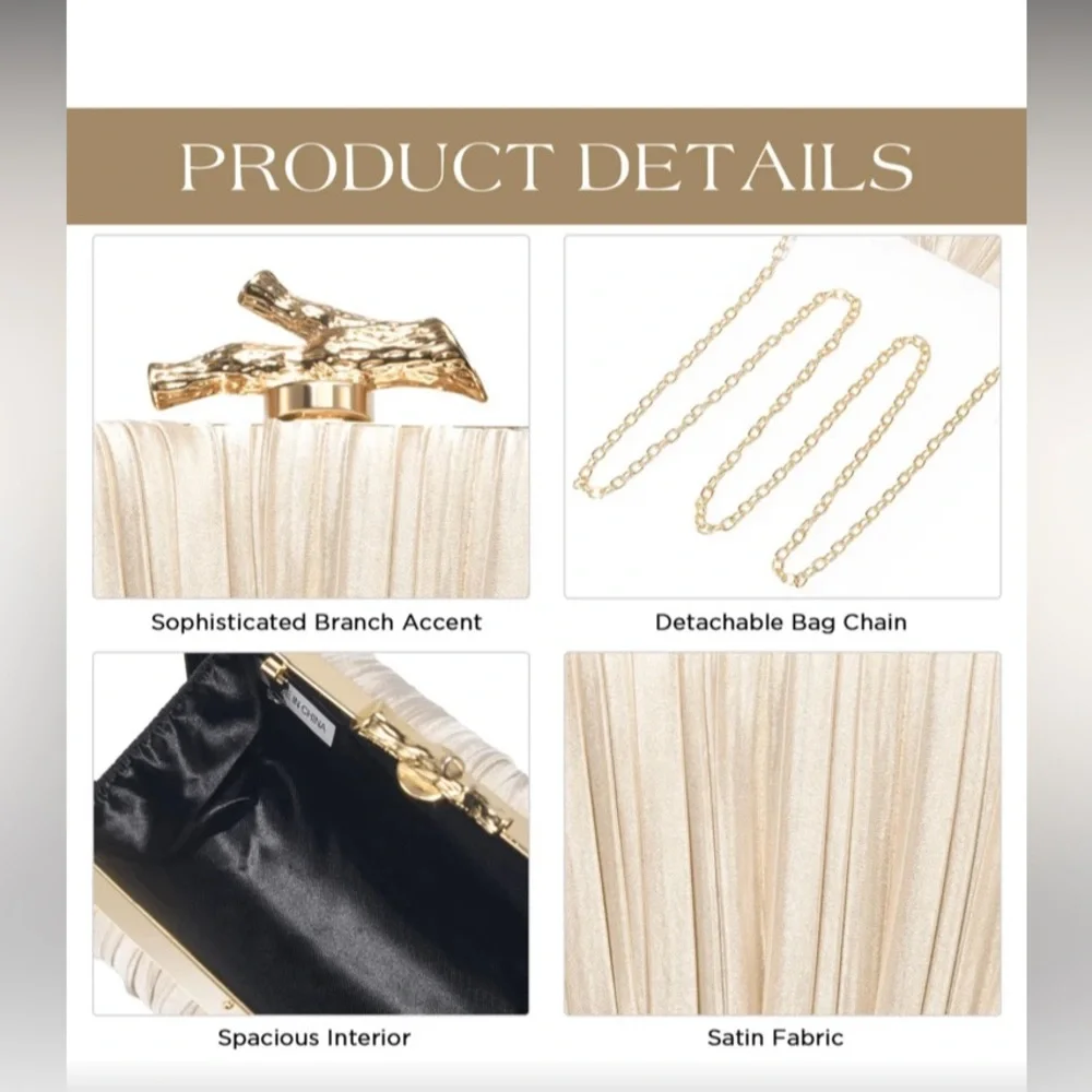 Elegant Cream Satin Pleated Clutch with Gold Accent